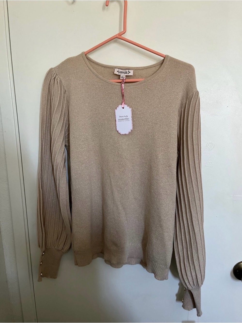 Pleated-Sleeve Knit Top in Champagne